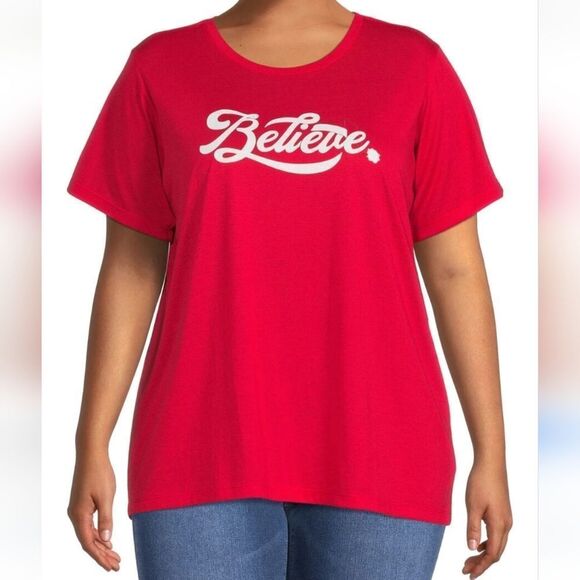 Believe Women's Christmas Short Sleeve T-shirt Small 4/6 Festive Red Holiday Tee - Picture 2 of 8